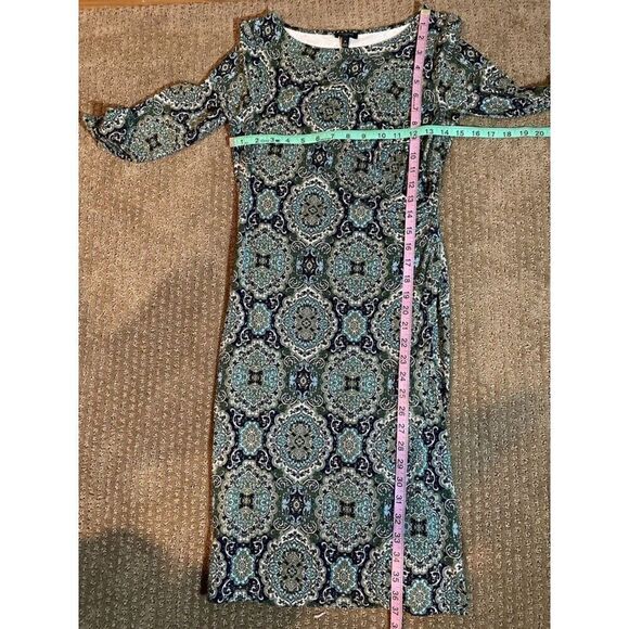 Talbots Womens Size Petite Green Medallion Ruched Side Faux Wrap Sheath Dress - Picture 5 of 8